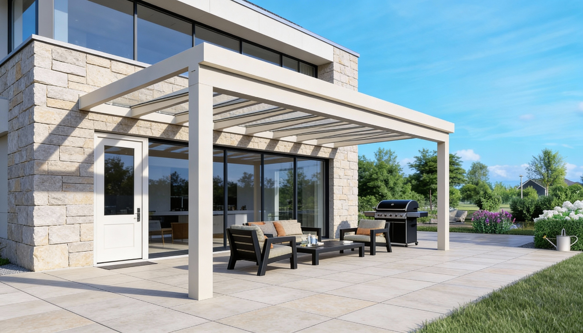 Moderná biela hliníková pergola so sklenenou strechou na terase rodinného domu s vonkajším nábytkom a grilom.